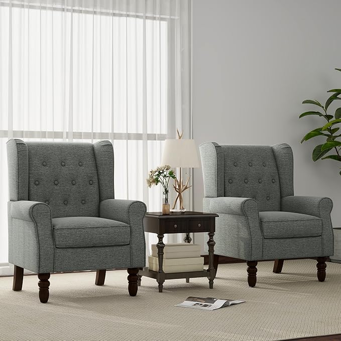 Accent Chair, Upholstered Armchair with Button Tufted High Back & Solid Wood Legs, Comfy Wingback Reading Single Sofa Chair for Small Spaces, Living Room, Bedroom (Grey, Set of 1)-Ruum Studio Home