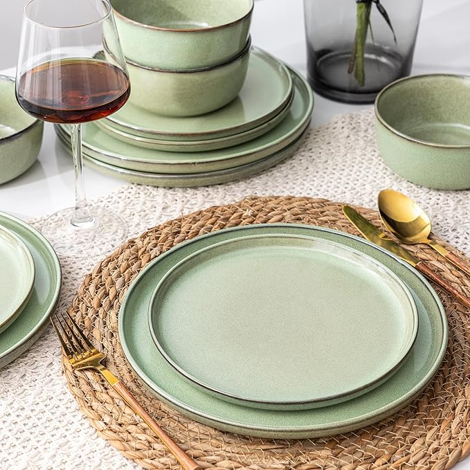 GBHOME Ceramic Dinnerware Sets for 8, 24 Pieces Stoneware Plates and Bowls Sets, Scratch Resistant Dishes, Dishwasher & Microwave Safe-Pastel Green-Ruum Studio Home