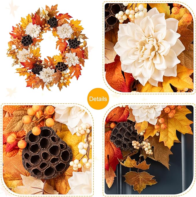 Glitzhome 24" D Fall Sorghum Wreath with Metal Hanger, Harvest Wreath for Front Door, Fall Door Wreaths for Indoor Outdoor Thanksgiving Harvest Holiday Decorations-Ruum Studio Home