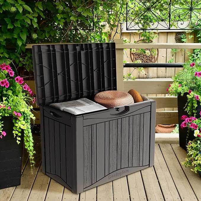45 Gallon Double-Wall Resin Deck Box - Lockable Waterproof Outdoor Storage Box, 515bs Capacity & Doubles as Seating for Patio Furniture - Garden Tools, Pool Accessories (Brown)-Ruum Studio Home