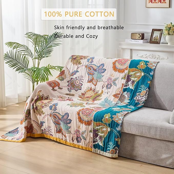 Boho Throw Blanket Reversible Muslin Bohemian Tapestry, Flower Decorated Bohemian Sofa Blanket, Lightweight Breathable 100% Cotton Throw Blanket, Chair Blanket, 50"x60"-Ruum Studio Home