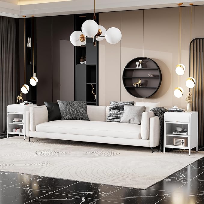 Modern Metal Side Tables Set of 2, End Tables with Glass Door, 2-Tier Nightstands with Storage Shelves, Accent Table, Slim Sofa Table for Living Room, Bedroom (White)-Ruum Studio Home