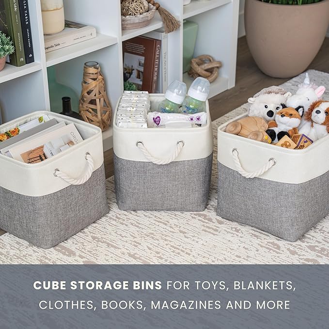 OrganiHaus 12x12 Cube Storage Bins 4 Pack, Foldable Cube Storage Organizer w/ Rope Handles, Collapsible Fabric Bins for Toys, Clothes & Closet Organization, Fabric Square Baskets - Gray/White-Ruum Studio Home