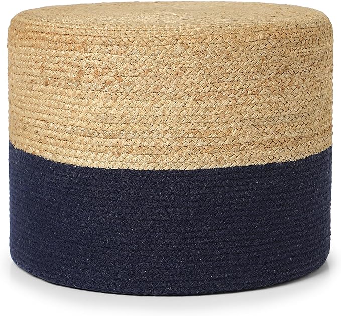 REDEARTH · Cylindrical Pouf Foot Stool Ottoman - Jute Braided Pouffe Poof Accent Sitting Footrest for Living Room, Bedroom, Nursery, Patio, Lounge & Other Rooms (Navy Natural, 18"x18"x14")-Ruum Studio Home