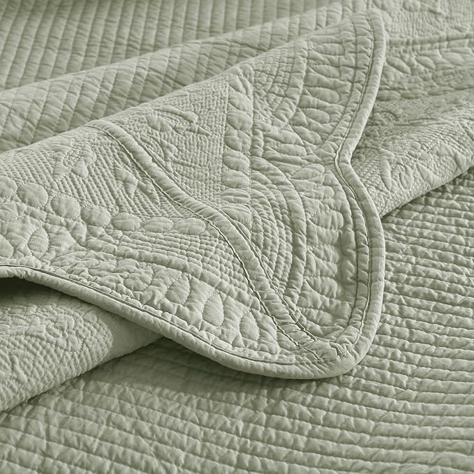 MarCielo 3-Piece 100% Cotton Oversized Bedspread Lightweight Quilt Coverlet Embroidery Farmhouse Bedding Set (TG Pale Green, Oversized Queen (100"x106"))-Ruum Studio Home