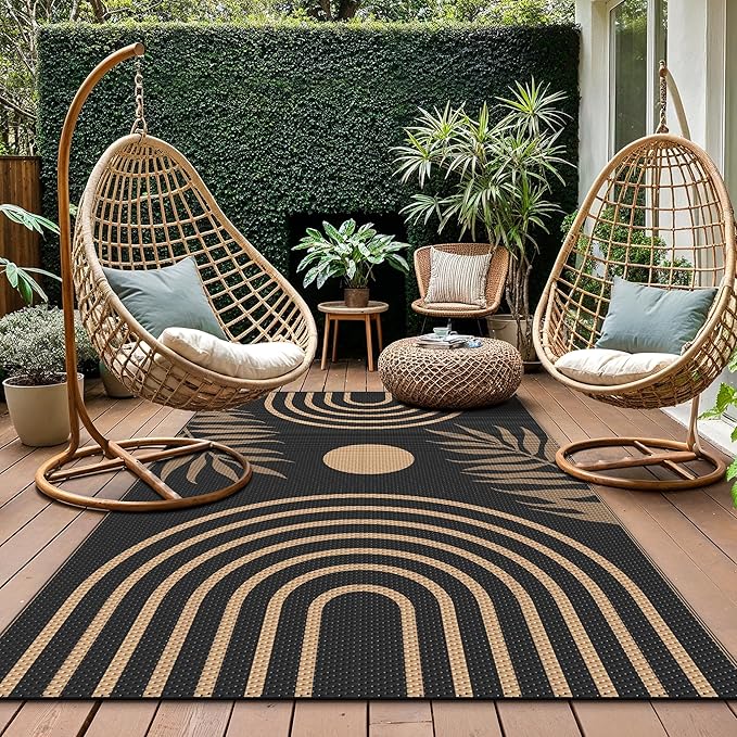 GENIMO Outdoor Rug 5' x 8' Waterproof for Patio Clearance, Reversible Plastic Straw Camping Carpet, Lightweight Rugs Mats for Rv, Backyard, Deck, Porch, Picnic, Balcony, Mix-Black & Brown-Ruum Studio Home