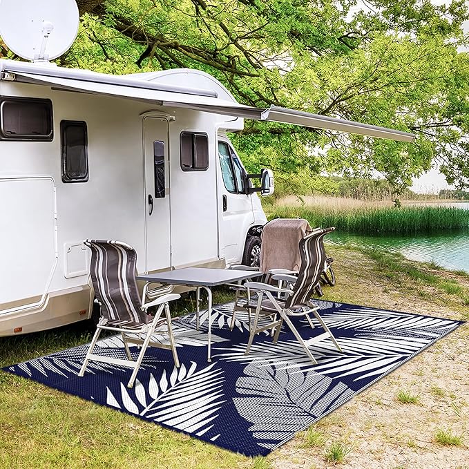 GENIMO Outdoor Rug 5' x 8' Waterproof for Patios Clearance, Reversible Outdoor Plastic Straw Camping Rug Carpet, Large Area Rugs Mats for RV, Picnic, Backyard, Deck, Balcony, Porch, Beach, Blue&White-Ruum Studio Home