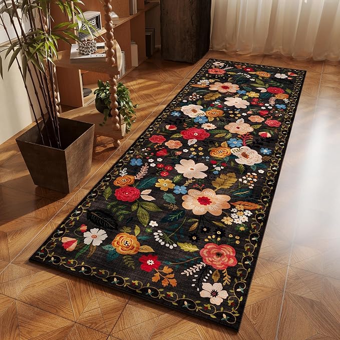 Runner Rug for Hallways Kitchen Rug Non Slip 2'6''x8' Washable Runner Rugs with Rubber Backing Soft Floral Carpet Runner for Hallways, Kitchen, Laundry, Bedroom, Bathroom(Black)-Ruum Studio Home