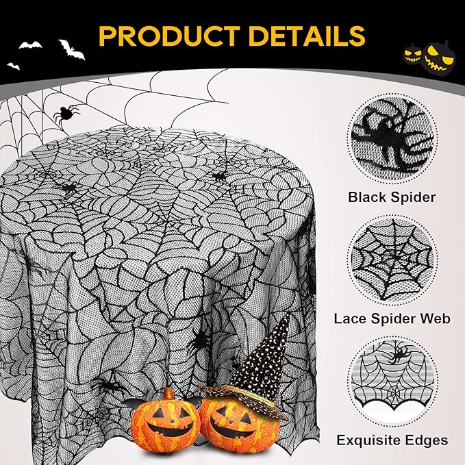 eZAKKA Round Halloween Tablecloth, 70 Inch Spider Webs Tablecloths Black Tablecloth Lace Fabric Table Cloths Spooky Table Cover for Parties Gothic Halloween Home Decorations-Ruum Studio Home