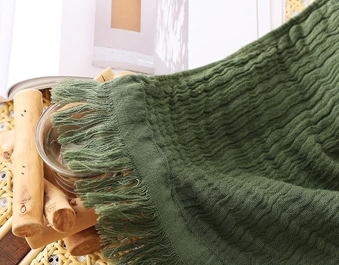 100% Cotton Muslin Throw Blanket for Bed, Couch, Small, Decorative, Soft, Pre-Washed, Breathable and Lightweight Gauze Blanket with Tassels, Suitable for All Seasons, Olive Green, 50"x60"-Ruum Studio Home