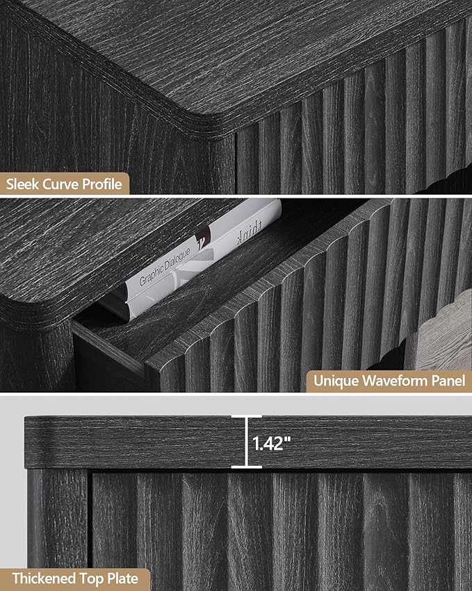 SICOTAS Night Stand Nightstand with Drawer Storage Fluted Bed Side Table End Table Large Modern Wide Bedside Mid Century Night Stands for Bedroom Living Room Sofa Couch Home Office, Dark Grey Alder-Ruum Studio Home