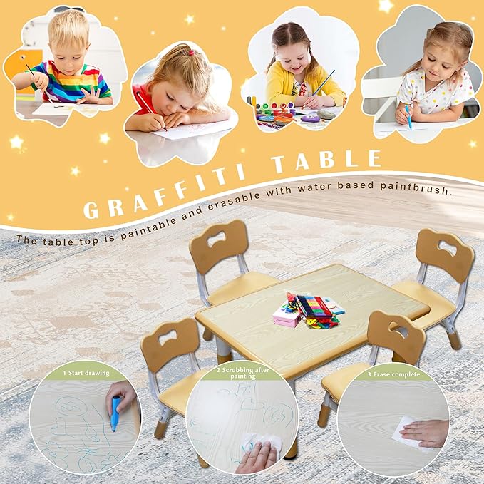 Kids Table and 4 Chairs Set with Graffiti Desktop, Toddler Furniture Set, Non-Slip, Table Children Study Desk, Dining Table, Height Adjustable Desk, Painting Desktop for Kids (31.5x23.6Inch)-Ruum Studio Home