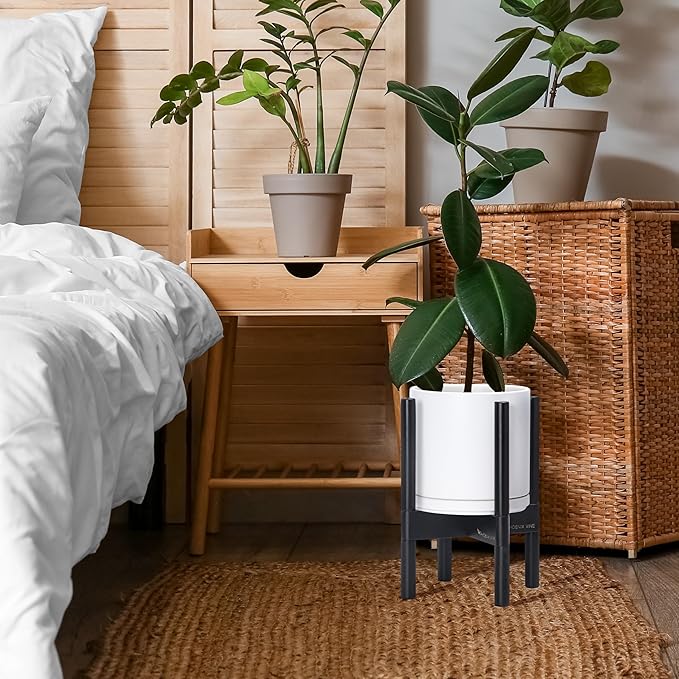 D'vine Dev Ceramic Planter with Ebony Stand - 8 Inch Modern Round Flower Pot with Wood Planter Holder, White, 55-B-M-1-Ruum Studio Home