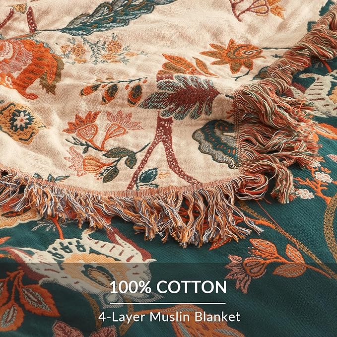 Boho Throw Blanket for Couch Sofa Bed, 100% Cotton Woven Quilt with Tassel 80”x90”, Super Soft Muslin Blanket with Floral Printed, Decorative Reversible Bed Blanket/Cover for All Seasons-Ruum Studio Home
