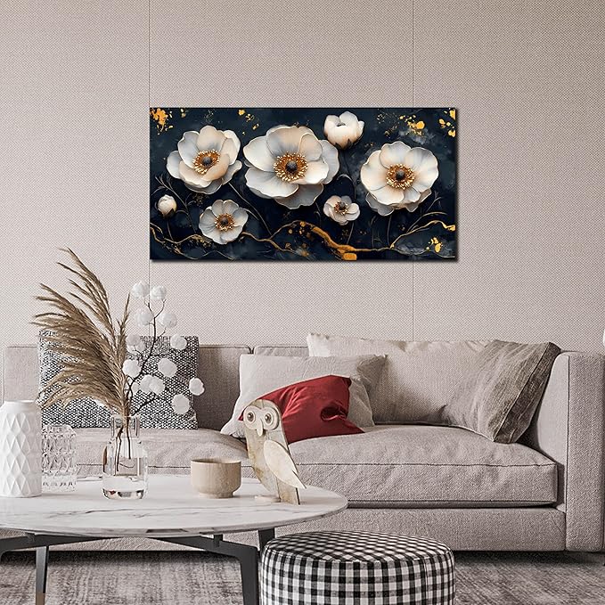 White Flower Wall Canvas Art for Bedroom - Black and White Wall Art for Living Room - Home Office Decor Wall Size 20" x 40"-Ruum Studio Home