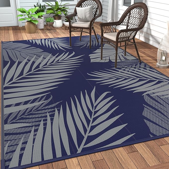 GENIMO Outdoor Rug 8' x 10' Waterproof for Patios Clearance, Reversible Outdoor Plastic Straw Camping Rug Carpet, Large Area Rugs Mats for RV, Camper, Deck, Balcony, Porch, Beach, Navy Blue&Grey-Ruum Studio Home