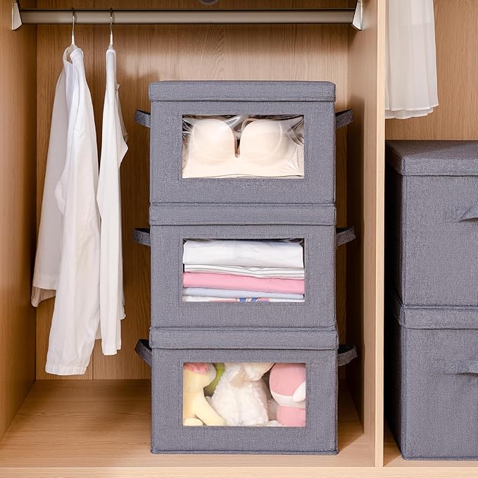 Citylife 3-Pack Collapsible Storage Bins with Lids, Linen Fabric Foldable Storage Boxes, Cube Closet Organization for Clothes, Blankets and Books, Gray-Ruum Studio Home