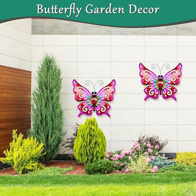 Solar Garden Light, Metal Butterfly Wall Art, 19" Large Hanging Decor for Garden Patio Fences Porch Yard Art Outdoor Wall Decor, Weatherproof Decorative Lighting, Housewarming Wedding Birthday Gift-Ruum Studio Home