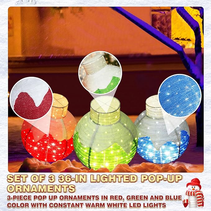 36 Inch Pop-Up Christmas Ball with 90 LED Lights for Outdoor Xmas Decor, 3-Piece Pre-Lit Iridescent Christmas Ball Ornaments Decor with Base, Outdoor 3D Glittered Standing Holiday Display-Ruum Studio Home