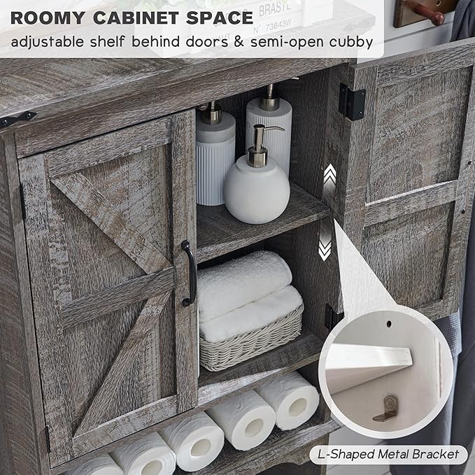 Over The Toilet Storage Cabinet, Farmhouse Bathroom Cabinet with Adjustable Shelf & Barn Door, 67" Tall Over The Toilet Shelf, Grey Wash-Ruum Studio Home
