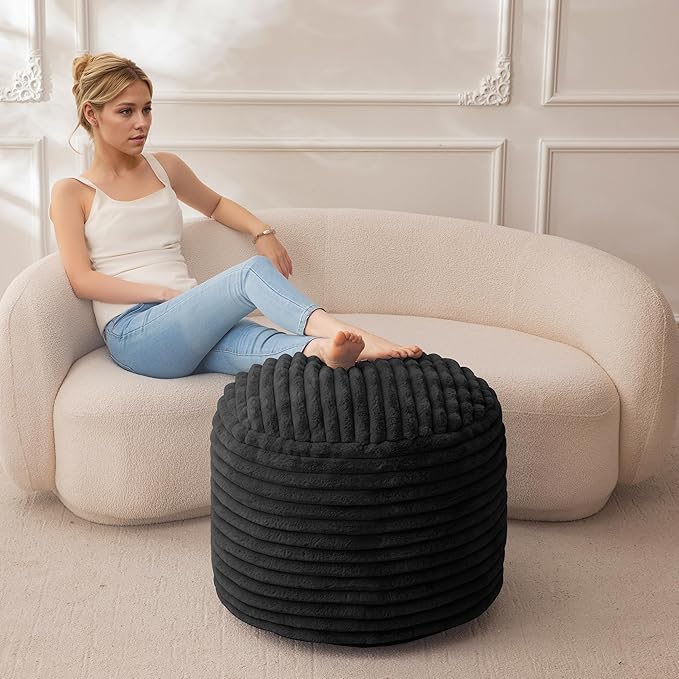 HIGOGOGO Round Stuffed Pouf Ottoman, Stripe Faux Fur Poufs with Foam Chunk Filling, Furry and Fluffy Pouf Foot Stool Storage Ottoman, 26 X 18 Floor Poufs Foot Rest for Living Room, Black-Ruum Studio Home