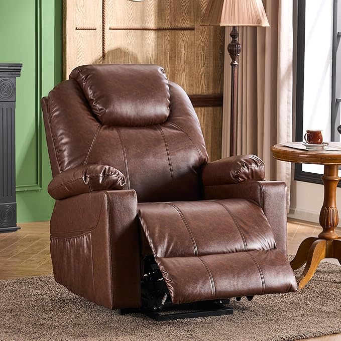 SALOHZA Power Lift Recliner Chair for Elderly with Massage and Heat for Living Room, Electric Recliner Chair for Adults with USB/Type C Port/Cup Holders, PU Faux Leather, Dark Brown-Ruum Studio Home