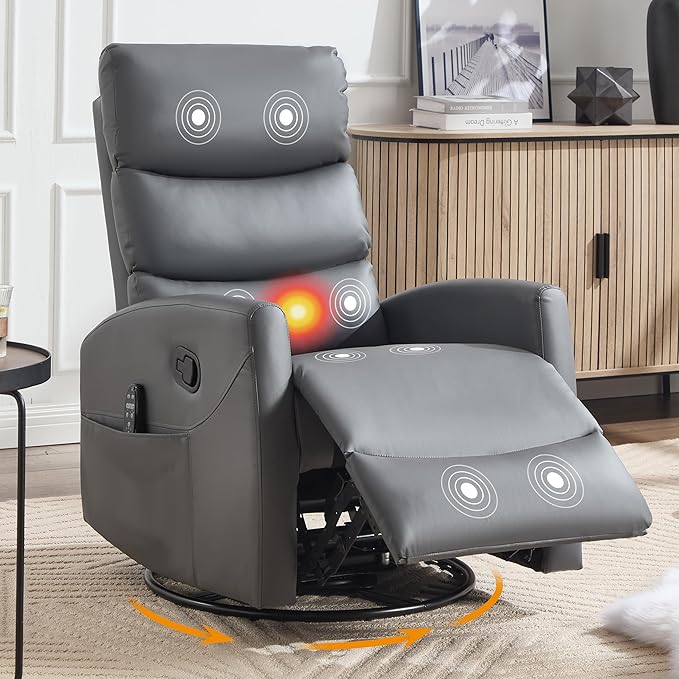 Manual Swivel Rocker Recliner Chair for Adults, Overstuffed Reclining Glider Chair for Nursing with Vibration Massage & Heat, Living Room Rocking Recliner 3-Stage backrest, Faux Leather Gray-Ruum Studio Home