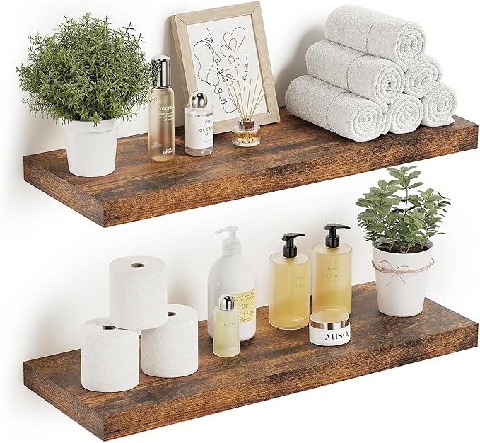 Floating Shelves for Wall 24 inchs Long, 9.1” Deep x 1.5” Thick Wall Shelves for Bedroom, Living Room, Bathroom，Kitchen, Office, Rustic Farmhouse Shelf Decor with Invisible Bracket, Set of 2-Ruum Studio Home