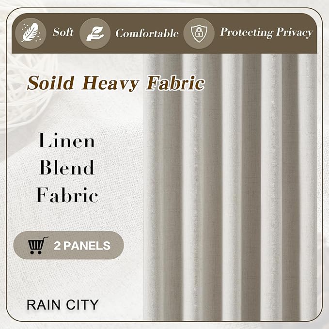 RAIN CITY 94 Inch Long Black Out Curtains 2 Panels Custom Drapery Neutral Blackout Pleated Ceiling Track Curtain for Dining Room Linen Textured Back Tab with Hooks 50"x94"-Ruum Studio Home