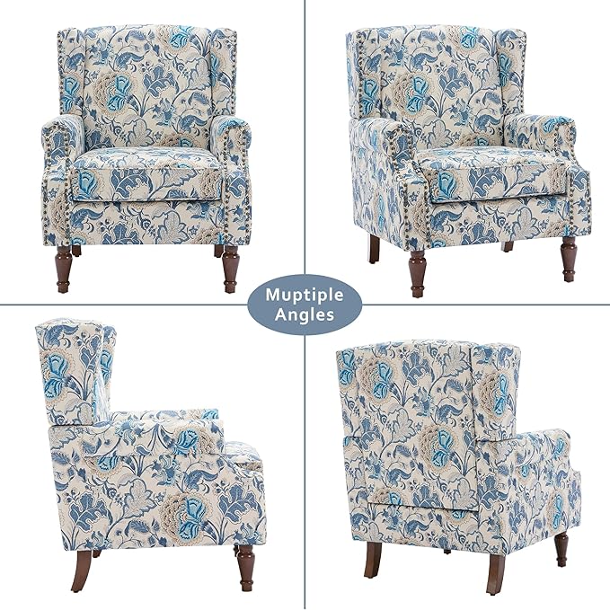 Lumibee High Back Accent Chair, Armchair in Fabric,Comfy Upholstered Wingback Single Sofa Reading Chair with Solid Wood Legs for Living Room,Bedroom,Office-Boho Blue-Ruum Studio Home