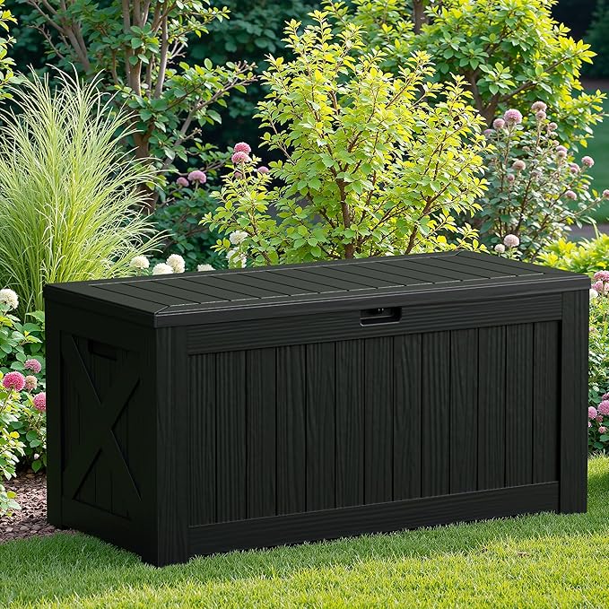 JUMMICO 120 Gallon Resin Deck Box, Large Outdoor Storage Box Waterproof & Lockable for Garden, Patio, Pools (Black)-Ruum Studio Home