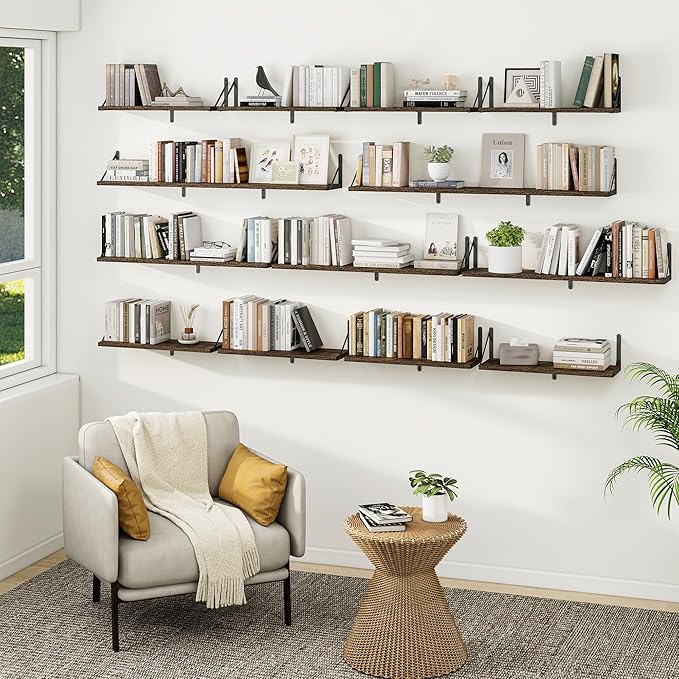 Heimlove 48 Inch Large Floating Bookshelves Set of 3,Rustic Brown Wood Wall Mounted Bookshelves,Heavy Duty Shelves for Living Room,Bedroom,Kitchen,Laundry Room Storage & Decor-Ruum Studio Home