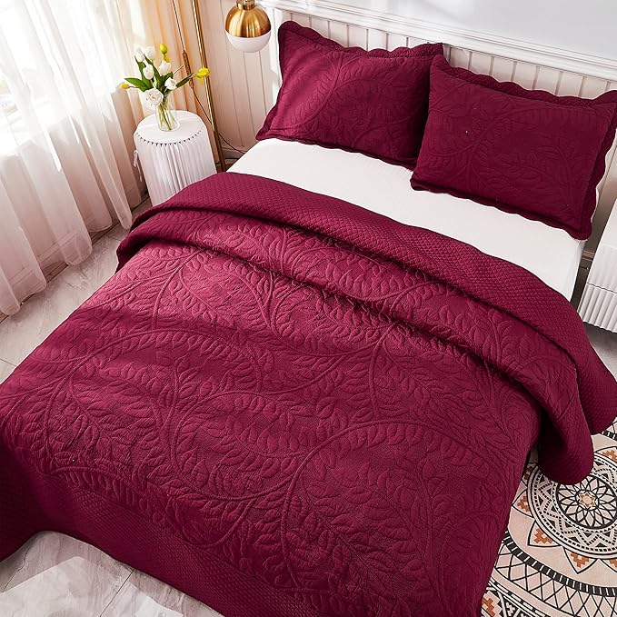 MarCielo 3-Piece 100% Cotton Oversized Bedspread Lightweight Quilt Coverlet Embroidery Farmhouse Bedding Set T0 (Wine Burgundy, Oversized Queen (100"x106"))-Ruum Studio Home