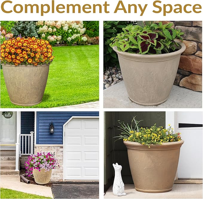 Sunnydaze 24-Inch Anjelica Large Plastic Pot for Plants - Outdoor Polyresin Round Planter with Drillable Drainage Holes - Beige-Ruum Studio Home