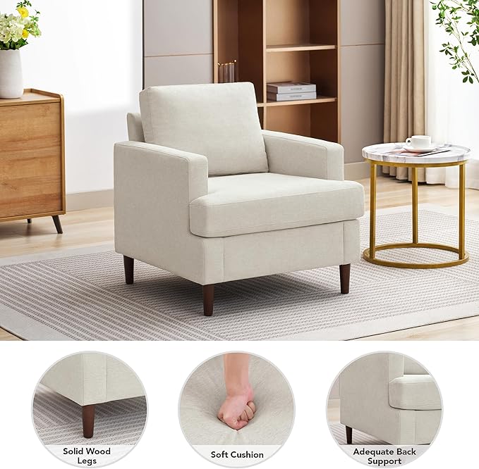 Mid-Century Accent Chair,Modern Linen Fabric Armchair for Living Room,Comfy Upholstered Reading Accent Chairs for Bedroom,Single Sofa Chair with Wood Legs (Beige, 1 Pack)-Ruum Studio Home