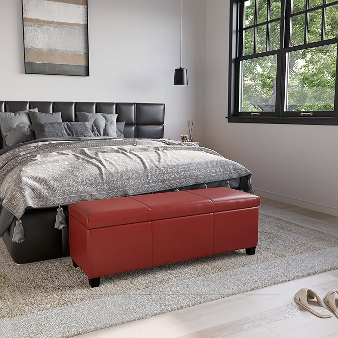 BELLEZE Storage Faux Leather Ottoman, 47 Inch Bench Bedroom Bench with Safety Close Hinge, Extra Long Ottoman with Storage for Living Room, Entryway, Hallway, Foot Rest, Support 300lbs - Red-Ruum Studio Home