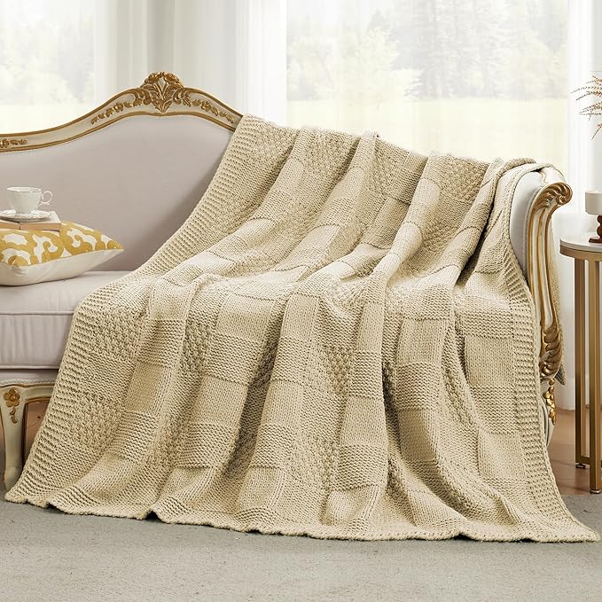 Amélie Home Chenille Knit Throw Blanket for Couch, Checkered Texture Decorative Soft Blanket for Sofa, Bed & Living Room, 50"x60", Beige-Ruum Studio Home