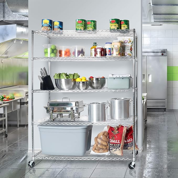 Seville Classics UltraDurable Heavy Duty NSF Solid Steel Wire Rack Storage Unit Wheels, 5-Tier Shelving, 60" W x 24" D-Ruum Studio Home