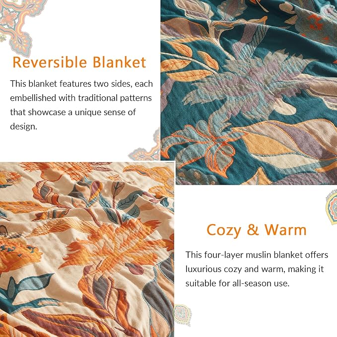 Boho Throw Blanket for Couch Sofa Bed, 100% Cotton Woven Quilt with Tassel 80”x90”, Super Soft Muslin Blanket with Floral Printed, Decorative Reversible Bed Blanket/Cover for All Seasons-Ruum Studio Home