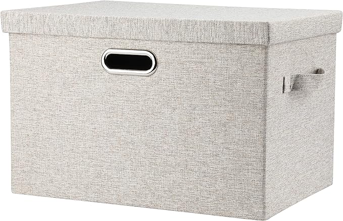 Large 17 36 Quart Collapsible Stackable Storage Bins with Lids, 1 Pack Beige Foldable Fabric Closet Storage Boxes with Lids, 4 Handles Toy Heavyduty Dark Gray Linen Storage Cube Box-Ruum Studio Home