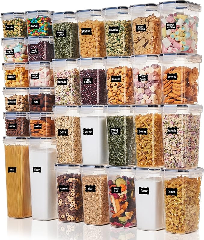 Vtopmart 32pcs Airtight Food Storage Containers Set, BPA Free Plastic Kitchen and Pantry Organization Canisters with Lids for Cereal, Dry Food, Flour and Sugar, Includes 32 Labels-Ruum Studio Home
