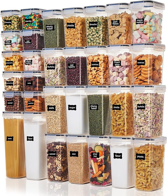 Vtopmart 32pcs Airtight Food Storage Containers Set, BPA Free Plastic Kitchen and Pantry Organization Canisters with Lids for Cereal, Dry Food, Flour and Sugar, Includes 32 Labels-Ruum Studio Home