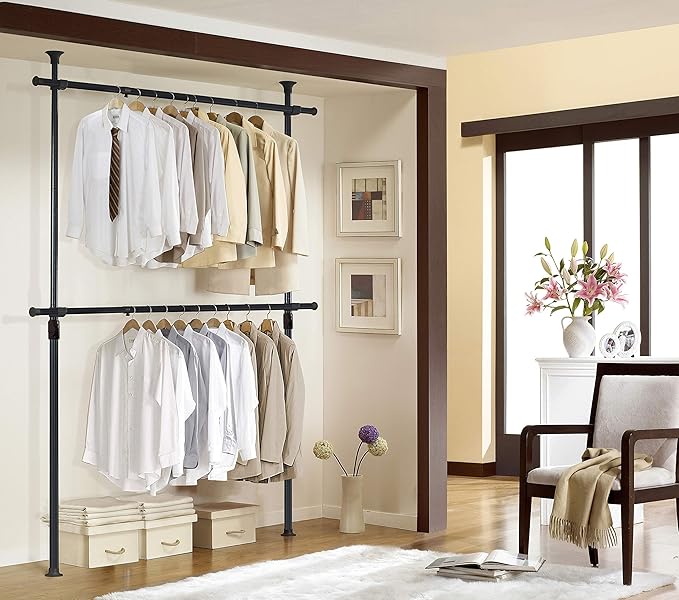 PRINCE HANGER Heavy Duty One Touch System Load 352LBS Clothing Racks for Hanging Clothes Metal Wardrobe Closet System Garment Tension Rod Free Standing Black Width Adjustable PHUS-0022-Ruum Studio Home
