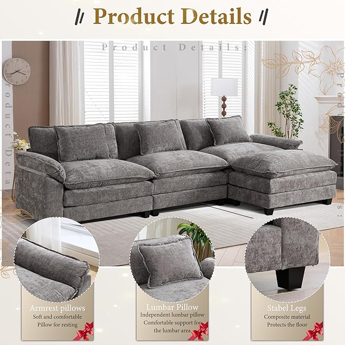URRED Modular Sectional Sofa Comfy Cloud Couch, Modern Chenille Sofa Sleeper Deep Seat Couches with Ottoman/Pillows for Living Room (Gray, 117''- L Shape)-Ruum Studio Home
