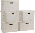 Large 17" 36 Quart Collapsible Stackable Storage Bins with Lids, 5 Packs Beige Linen Fabric Closet Boxes with Lids, Storage Cube Baskets Container Organizers for Bedroom Office(17 x12 x11)-Ruum Studio Home