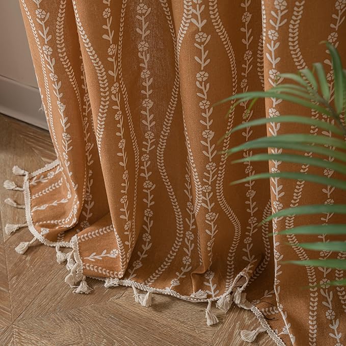 Sutuo Home Boho Curtains 84 Inches Length for Bedroom Living Room, Printed Cotton Linen Rod Pocket Rustic Farmhouse Bohemian Tassels Window Treatment, 1 Panel 59" W x 84" L, Terracotta Stripe Florals-Ruum Studio Home