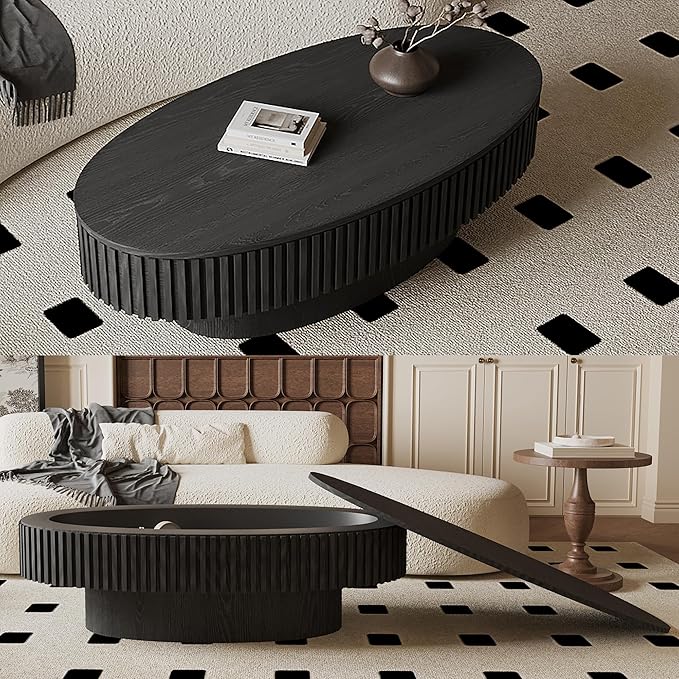 47.2''Oval Coffee Table with Storage, Mid Century Modern Fluted Drum Center Tables with Lid, Solid Wood Side Pedestal Coffee Table Tea Table for Living Room, Bedroom, Apartment-Black-Ruum Studio Home