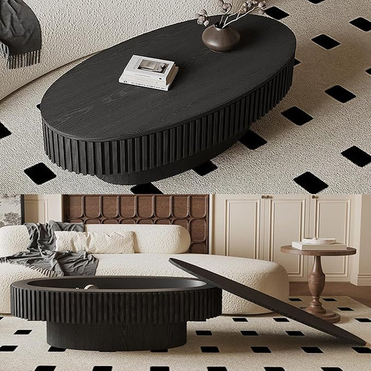 47.2''Oval Coffee Table with Storage, Mid Century Modern Fluted Drum Center Tables with Lid, Solid Wood Side Pedestal Coffee Table Tea Table for Living Room, Bedroom, Apartment-Black-Ruum Studio Home