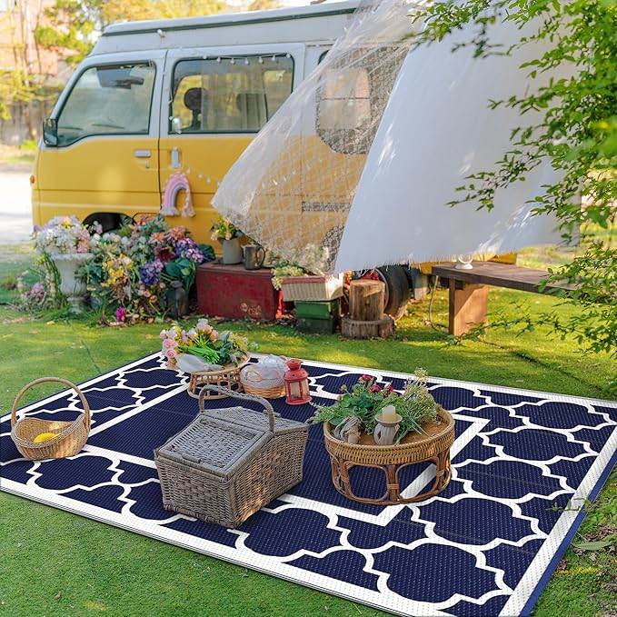 GENIMO 4' x 6' Outdoor Rug Waterproof for Patio Decor, Foldable Reversible Plastic Straw Area Rugs Mat for Camper, Outside Carpet for Rv, Deck, Porch, Picnic, Beach, Balcony, Blue & White-Ruum Studio Home
