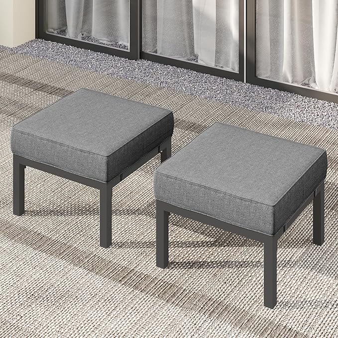 Solaste Outdoor Footstools Patio Ottoman Set of 2, Aluminum All-Weather Outdoor Footrest Seat with Removable Cushions, Patio Furniture Ottomans for Garden, Backyard, Poolside-Gray-Ruum Studio Home